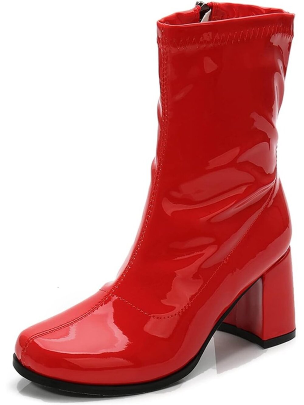 🆕Women's Dark Red Patent Gogo Boots Square Toe Chunky Block Heel Shoes